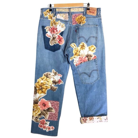 OOAK Levi’s Upcycled Boyfriend Floral Patch Jeans Sz 36/30 - Picture 16 of 16